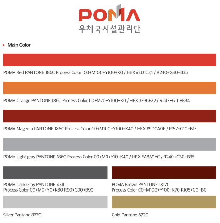 우체국자산관리단 Main Color : POMA Red PANTONE 186C Process Color : C0+M100+Y100+K0 / HEX : #ED1C24 / R240+G30+B35
